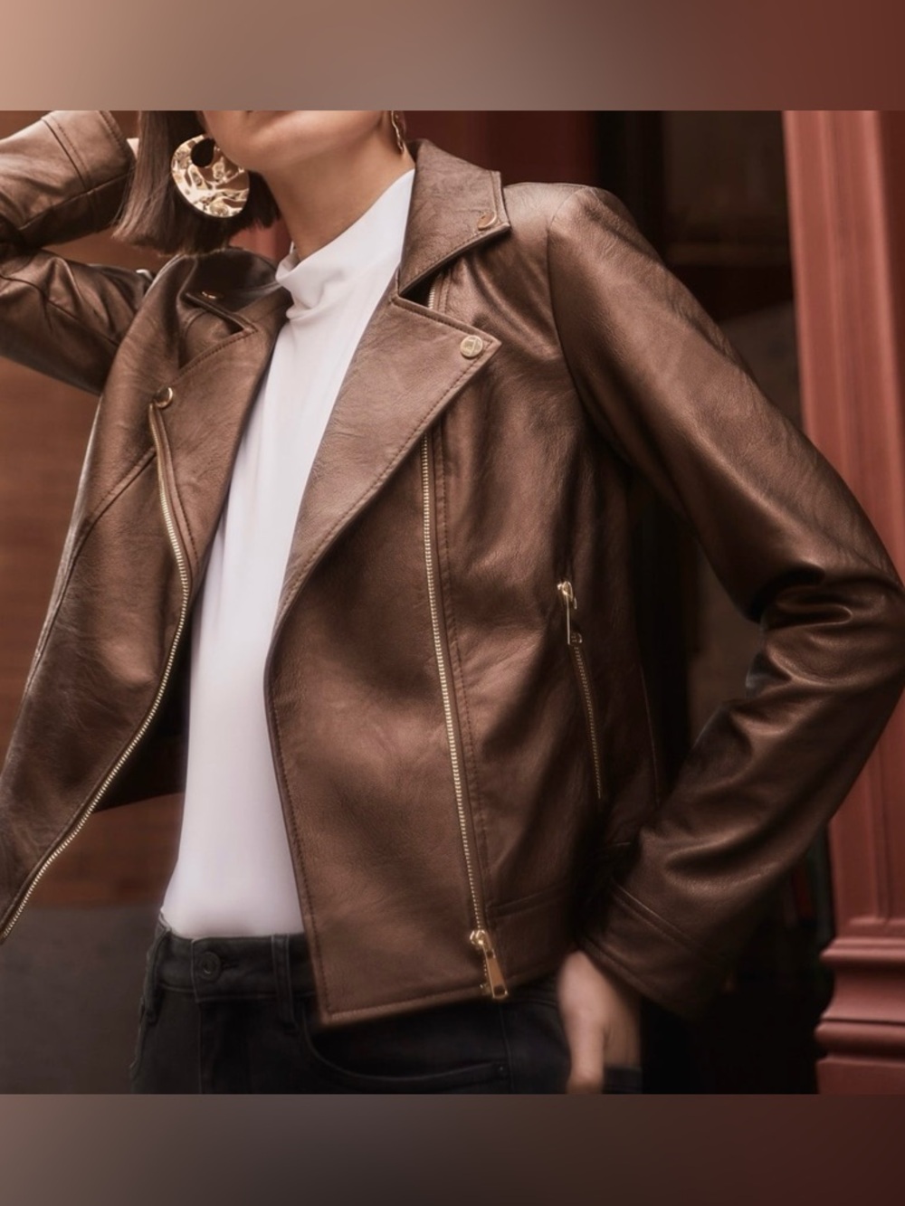 NWOT Sz. L. Joseph Ribkoff Women's Bronze Faux Leather Moto Jacket